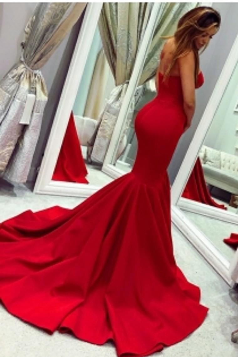 Red Sweetheart Fit and Flare Backless Floor Length Mermaid Prom Dresses | Cheap Fitted Evening Dresses