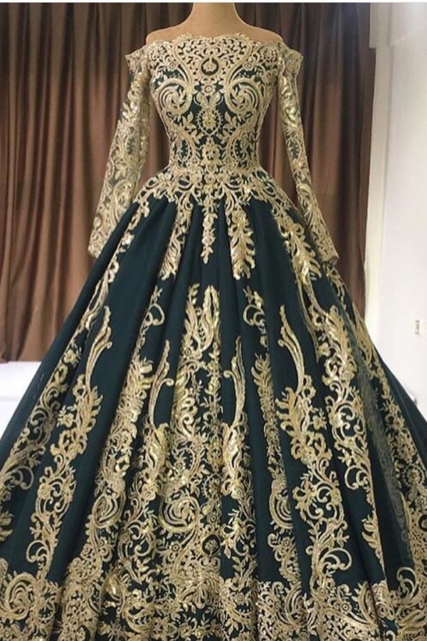 Luxury Off-the-shoulder Long Sleeves A-Line Prom Dress With Gold Appliques