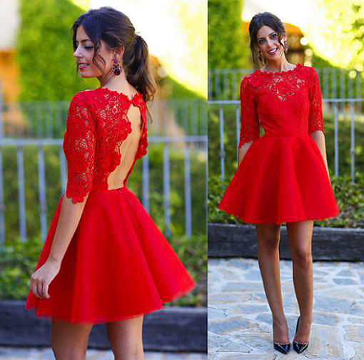 Half Sleeves Red Lace Short Homecoming Dresses Mini Backless Formal Party Dresses