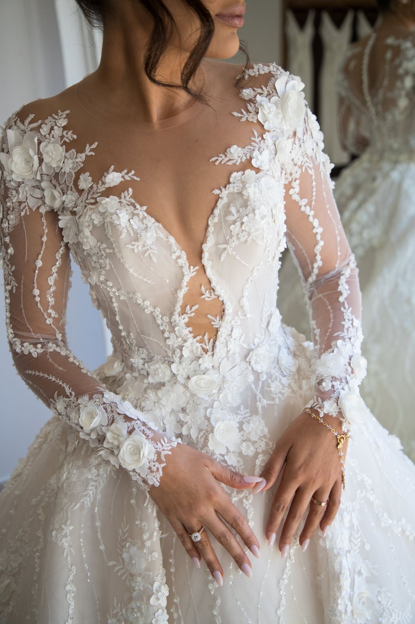Gorgeous Jewel Long Sleeve Crystal Wedding Dresses | A Line Bridal Gown With 3D Flowers
