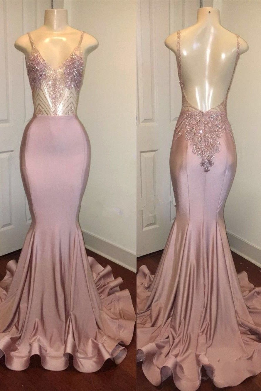 Spaghetti Straps Pink Mermaid Prom Dresses | Backless Sparkling Beads Sequins Evening Gown