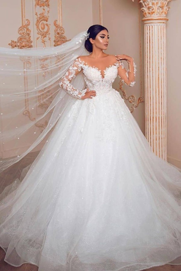 Royal Jewel Long Sleeve Floral Ball Gown Wedding Dresses | Beaded Puffy Wedding Gown