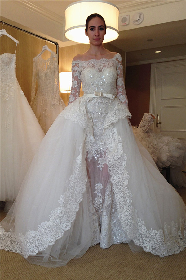 Sparkly Off The Shoulder Long Sleeve Sequin Sheath Detachable Skirt Wedding Dresses | Lace Bridal Gown