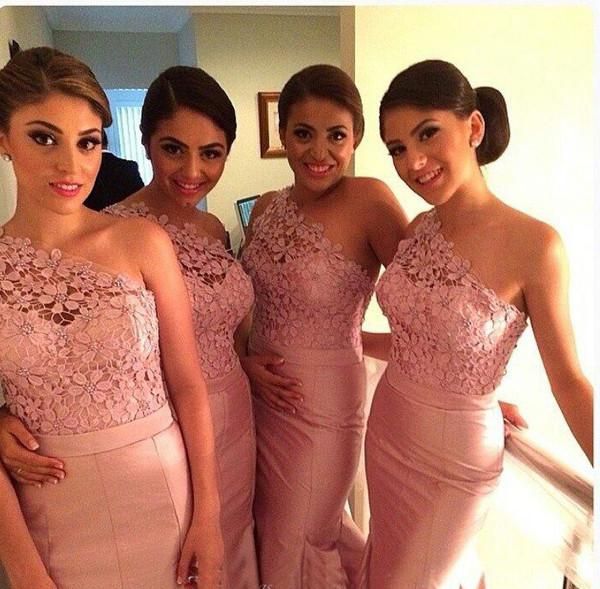 One Shoulder Lace Appliques Flower Sleeveless Sheath Pink Bridesmaid Dresses