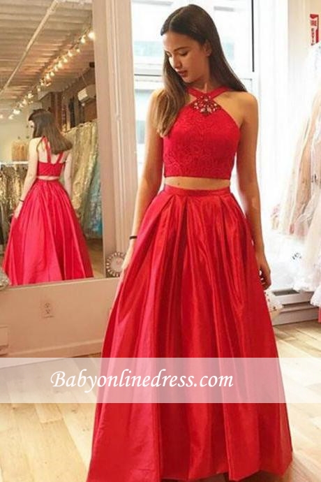 Halter Glamorous Crystal A-Line Two-Pieces Red Prom Dresses