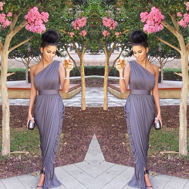 One Shoulder Long Bridesmaid Dresses Grey Ruffles Formal Evening Gowns