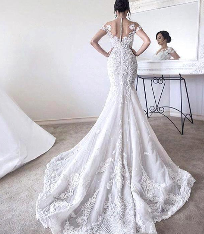 Modern Mermaid Wedding Dresses | Short Sleeves Beading Ball Gown Bridal Gowns