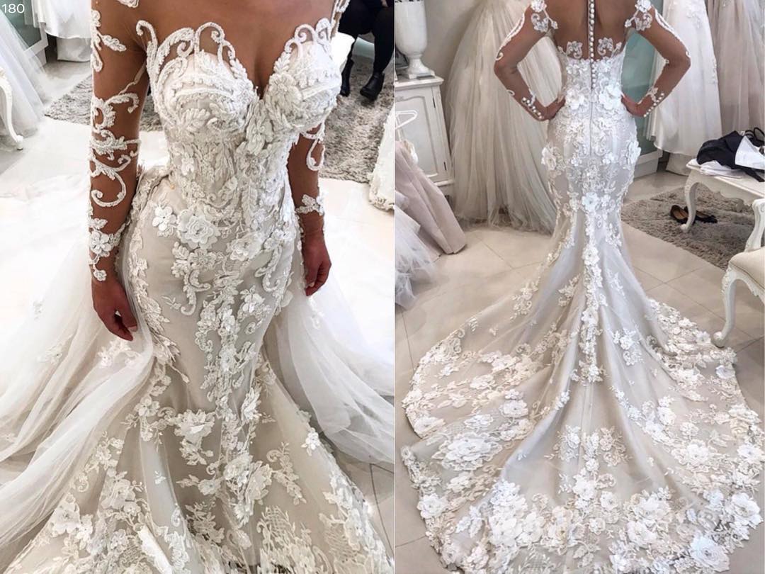 Luxury Floral Appliques Fit and Flare Wedding Dresses | Long Sleeves Bridal Gowns with Detachable Train