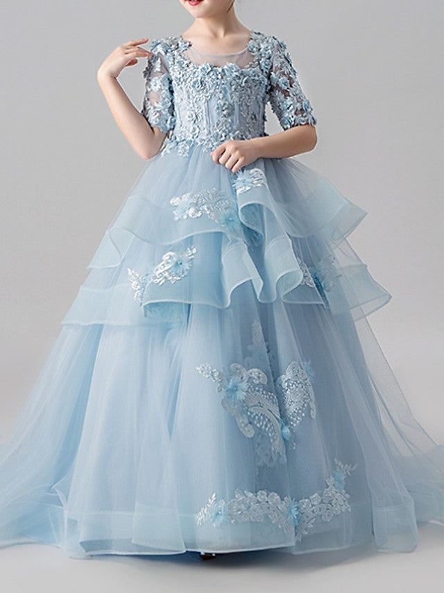 Ball Gown Jewel Neck Sweep Brush Train Pageant Flower Girl Dresses with Sleeves-Babyonlinedress