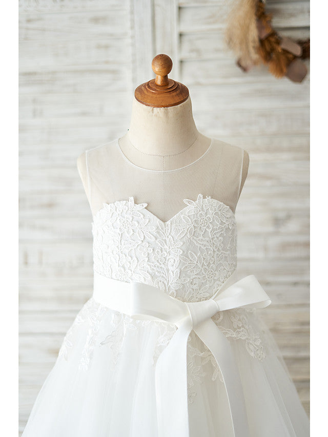 Ball Gown Lace Tulle Sleeveless Jewel Neck Wedding Birthday Flower Girl Dresses-Babyonlinedress