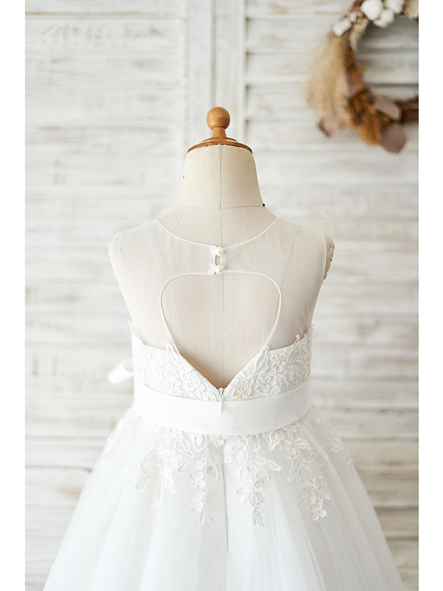 Ball Gown Lace Tulle Sleeveless Jewel Neck Wedding Birthday Flower Girl Dresses-Babyonlinedress