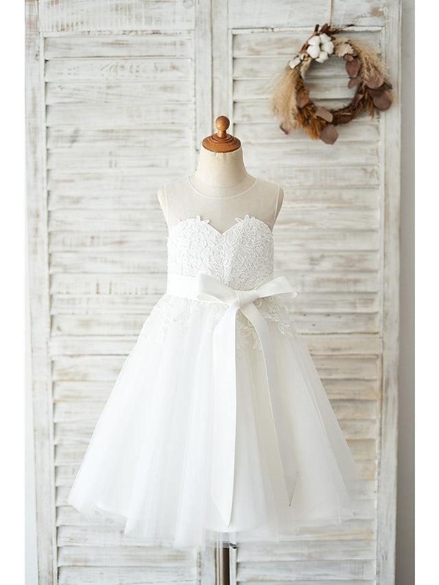 Ball Gown Lace Tulle Sleeveless Jewel Neck Wedding Birthday Flower Girl Dresses-Babyonlinedress