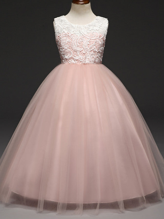 Ball Gown Lace Tulle Sleeveless Jewel Neck Wedding Party Flower Girl Dresses-Babyonlinedress