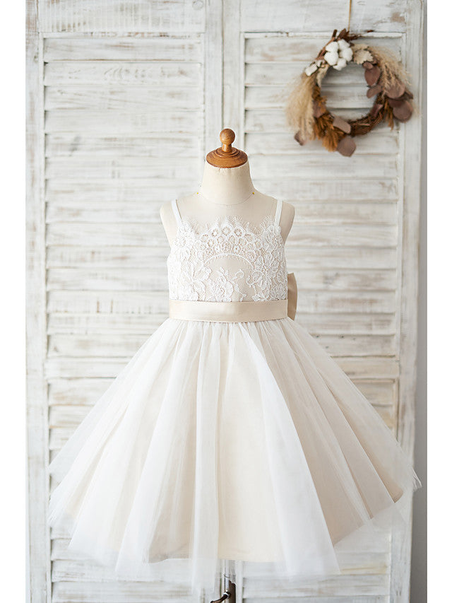 Ball Gown Lace Tulle Sleeveless Spaghetti Strap Wedding Birthday Flower Girl Dresses-Babyonlinedress