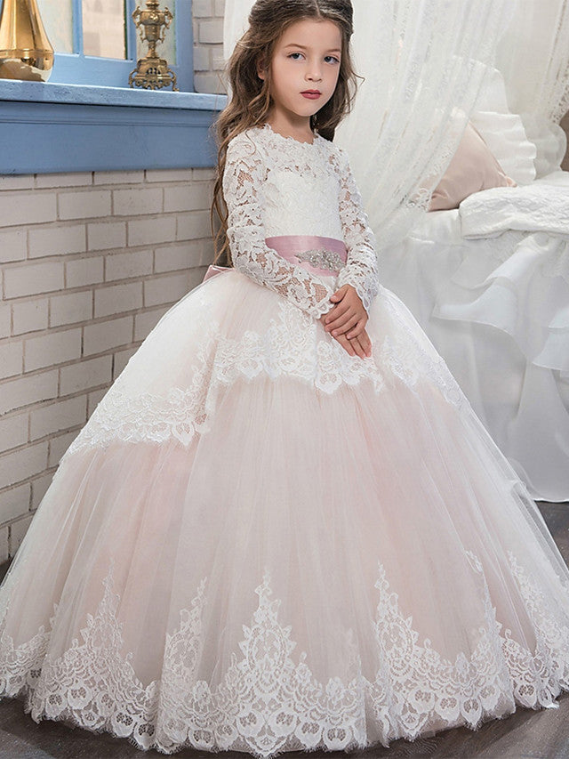 Ball Gown Lace Tulle Sweep Brush Train Wedding Birthday Pageant Flower Girl Dresses with Sleeves-Babyonlinedress
