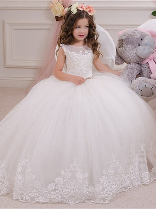 Ball Gown Lace Tulle Sweep Brush Train Wedding Party Flower Girl Dresses-Babyonlinedress