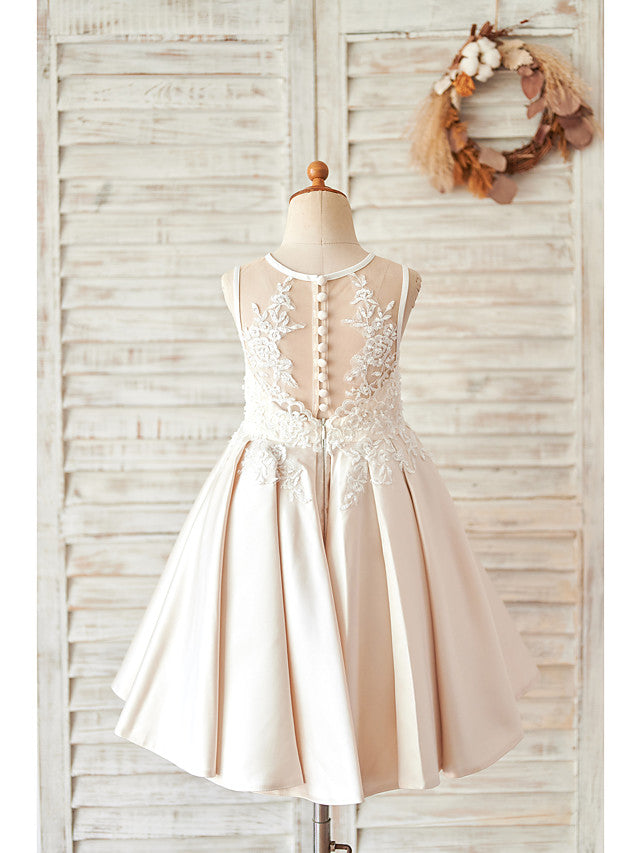 Ball Gown Satin Sleeveless Jewel Neck Wedding Birthday Flower Girl Dresses-Babyonlinedress