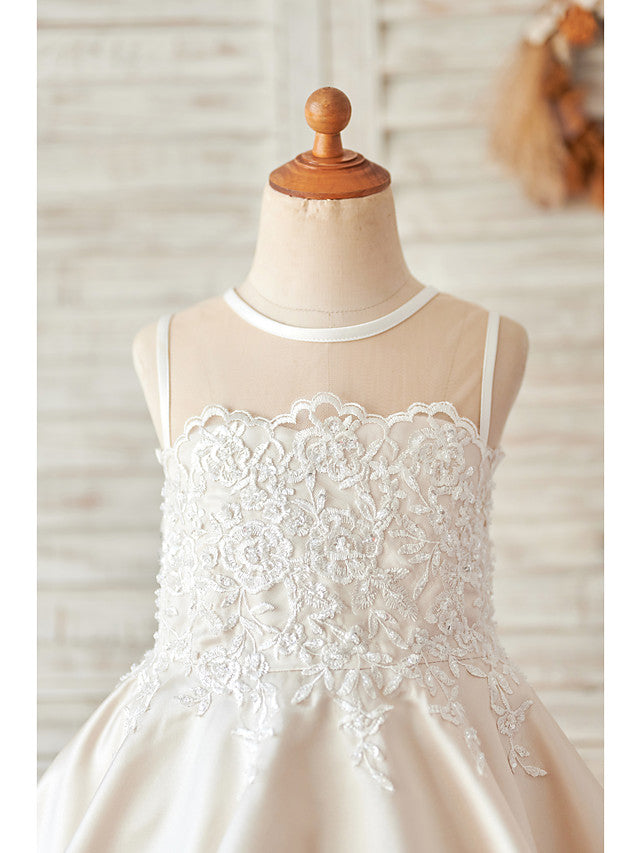 Ball Gown Satin Sleeveless Jewel Neck Wedding Birthday Flower Girl Dresses-Babyonlinedress