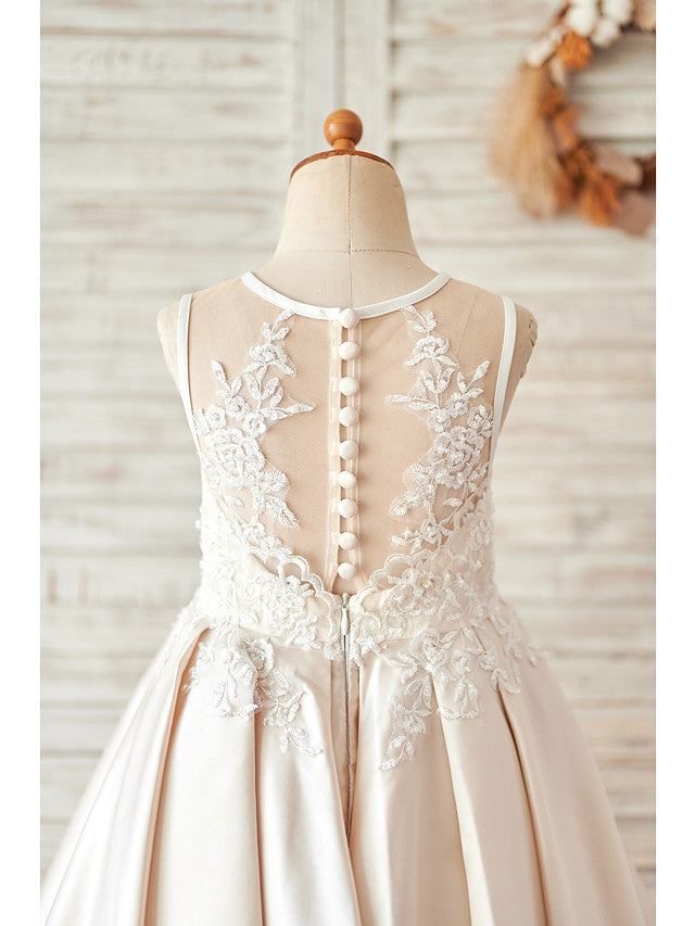 Ball Gown Satin Sleeveless Jewel Neck Wedding Birthday Flower Girl Dresses-Babyonlinedress