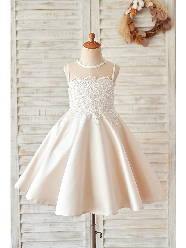 Ball Gown Satin Sleeveless Jewel Neck Wedding Birthday Flower Girl Dresses-Babyonlinedress