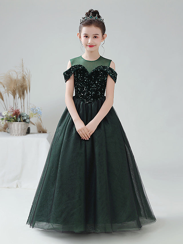 Ball Gown Tulle Sequined Off The Shoulder Jewel Neck Party Birthday Flower Girl Dresses-Babyonlinedress