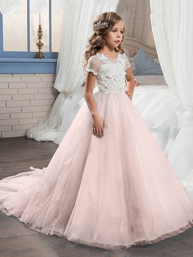 Ball Gown Tulle Short Sleeve Jewel Neck Sweep Brush Train Wedding Party Flower Girl Dresses-Babyonlinedress