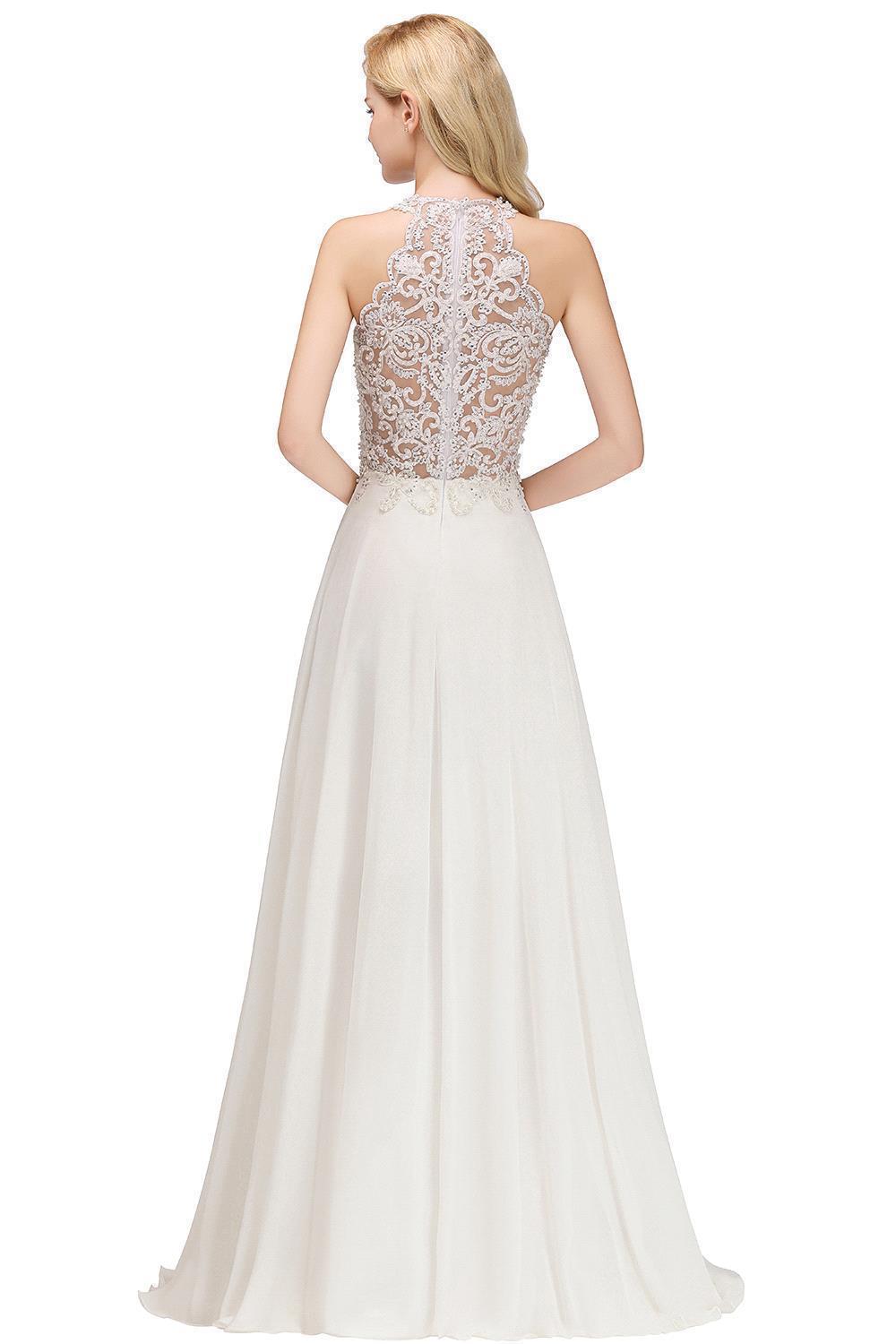 Jewel Sleeveless Lace Chiffon Cheap Long Party Dresses