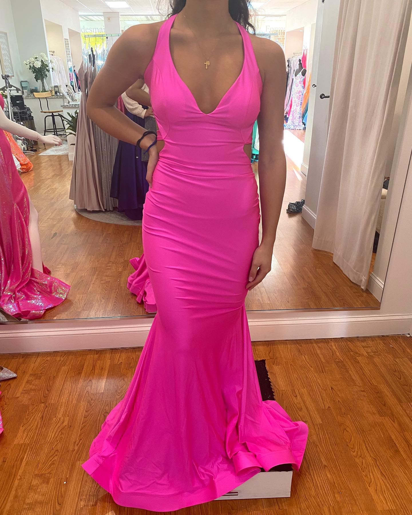 Sexy Pink Deep V-neck Halter Backless Floor-length Mermaid Prom Dress