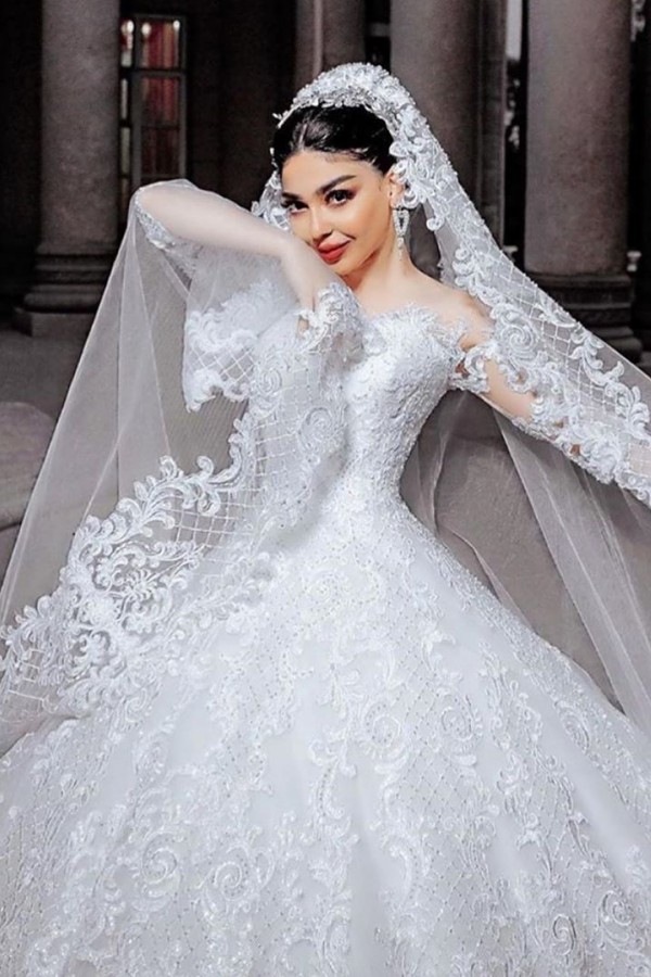 Jewel Long Sleeve Lace Sequin Puffy Ball Gown Wedding Dresses | Sequin Bridal Gown