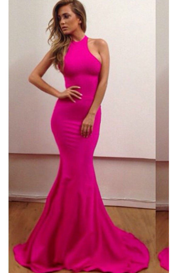 Fuchsia Mermaid Halter Prom Dresses Sleeveless Sweep Train Simple Evening Dresses