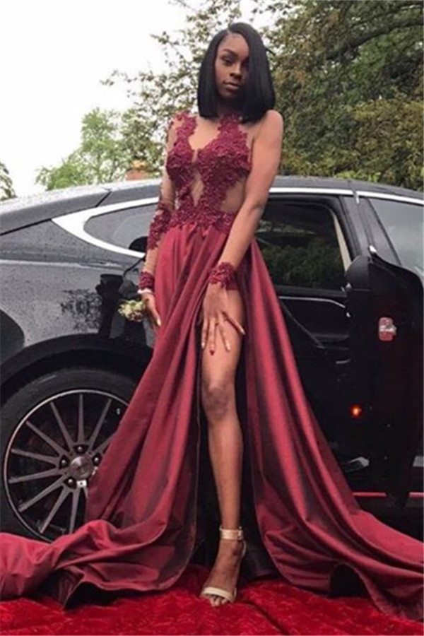Sexy Burgundy Sheer Prom Dresses Long Sleeves Side Slit Evening Gowns LY099