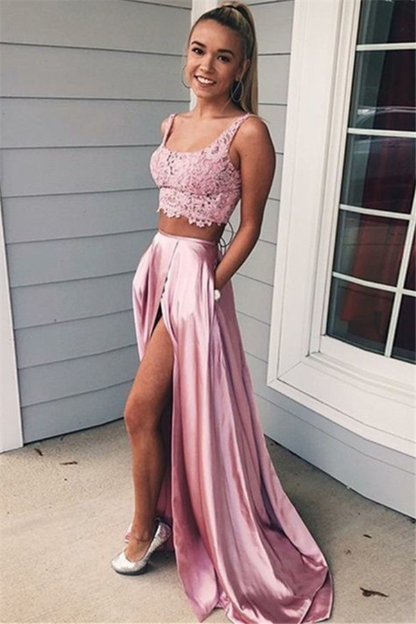 Pink Scoop Lace Up Two Piece Prom Dresses Sleeveless Side Slit Sexy Evening Dresses with Pocket