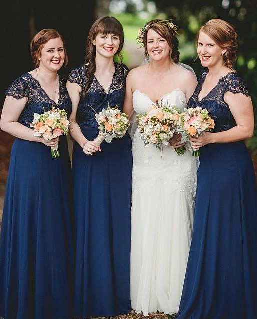 Romance Lace Chiffon Navy Blue Long Bridesmaid Dresses