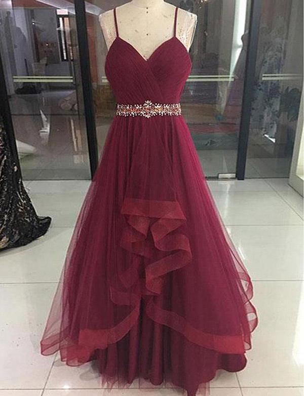 Spaghetti Straps Vneck Belted A-line Tulle Burgundy Prom Dresses