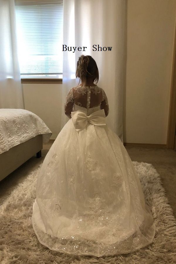 Lovely Bateau Long Sleeve Full Length Appliques Lace Ball Gown Flower Girl Dress