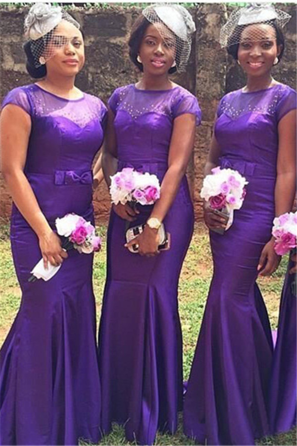 Popular Purple Short Sleeves Mermaid Beadings Bow Bridesmaid Dresses