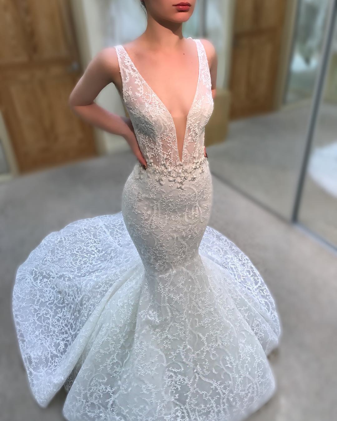 Gorgeous Lace Mermaid Wedding Dresses | V-Neck Sleeveless Beaded See-Through Bridal Gowns