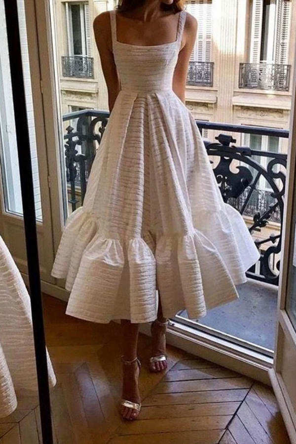 Stylish Spaghetti Straps Square Neck Skirt Midi Wedding Guest Dresses