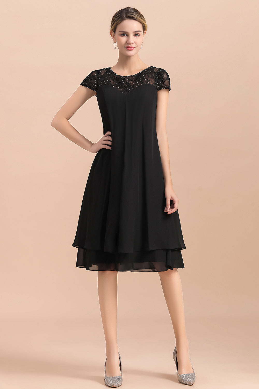 Black Chiffon Short Sleeves Lace Mother of the Bride Dress-Babyonlinedress