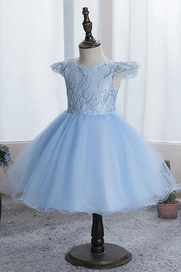 Blue Short Ball Gown Scoop Tulle Lace Flower Girl Dresses with Cap Sleeve-Babyonlinedress