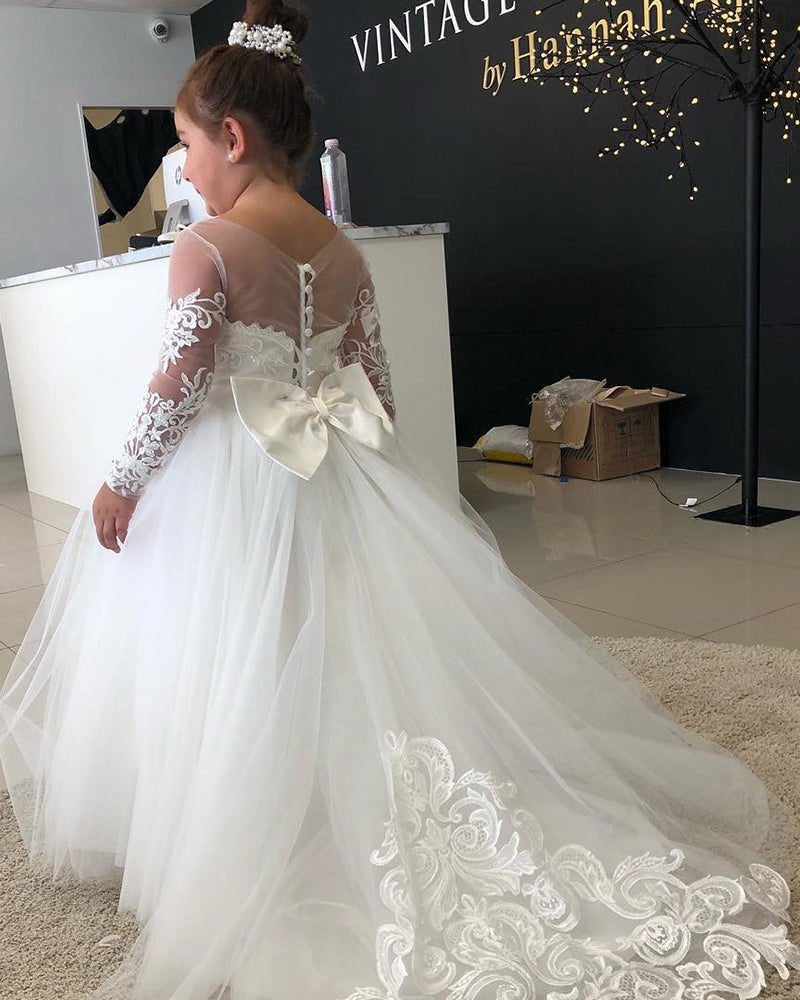 Boho Long Sleeves lace Tulle Flower Girl Dresses-Babyonlinedress