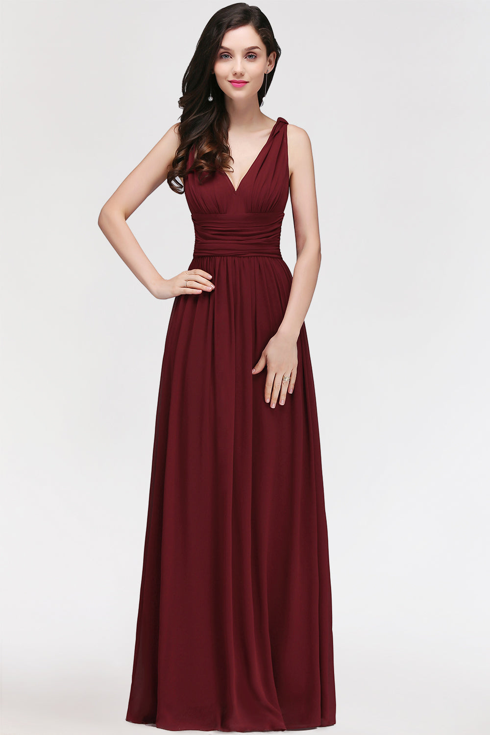 Burgundy Long V-Neck Sleeveless Chiffon Bridesmaid Dress Online-Babyonlinedress