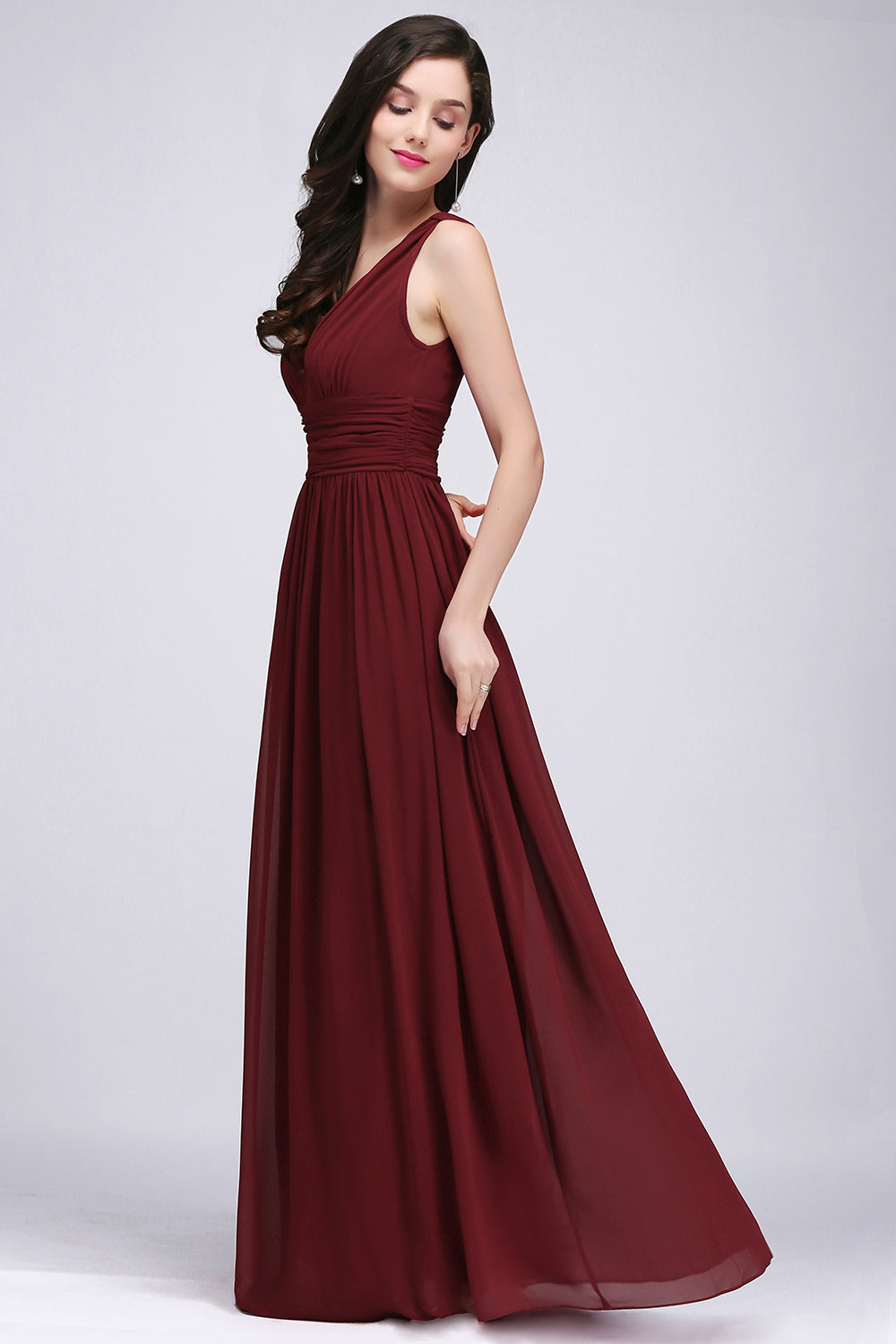 Burgundy Long V-Neck Sleeveless Chiffon Bridesmaid Dress Online-Babyonlinedress
