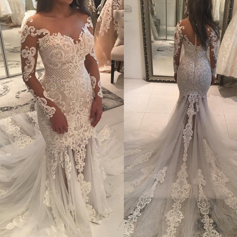 Gorgeous Pearls Fit and Flare Wedding Dresses | Off-the-Shoulder Lace Appliques Bridal Gowns
