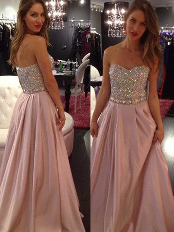 Sweetheart Crystal Prom Dresses Romactic Pink Sleeveless Sexy Evening Dresses