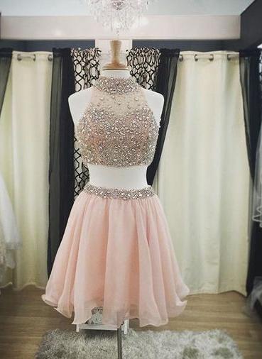 Halter-Neck Two-Piece Pink Blush Crystals Luxury Short Homecoming Dresses