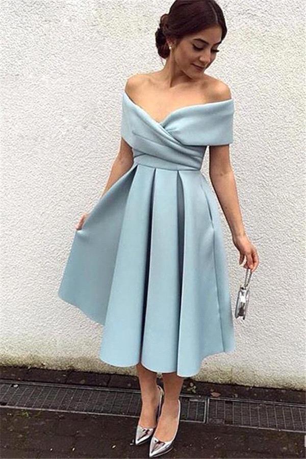 Baby Blue Satin Prom Dress Tea Length Off-the-shoulder Evening Dresses