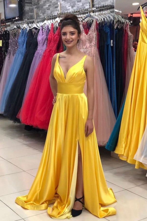 Elegant V-neck A-Line Backless Prom Dress Ruffles Party Dress With Side Split