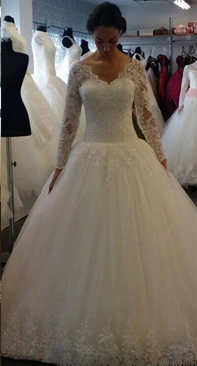 Elegant Sequins Lace Ball Long Sleeves Tulle Gown Wedding Dresses