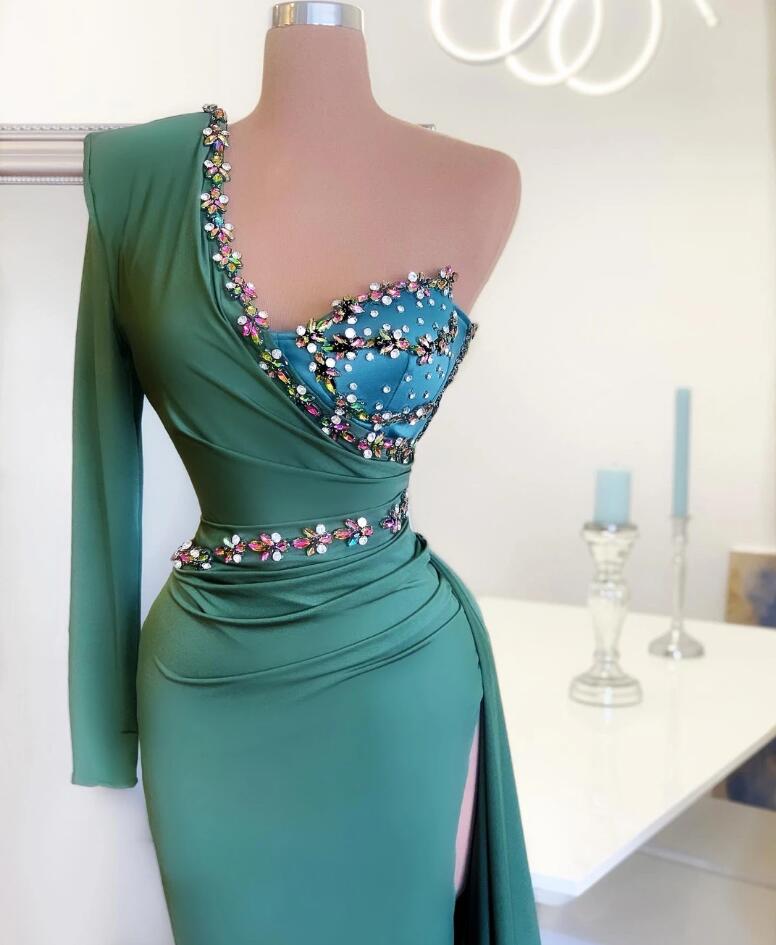 Stylish One Shoulder Long Sleeve Split Mermaid Evening Prom Dress With Crystal